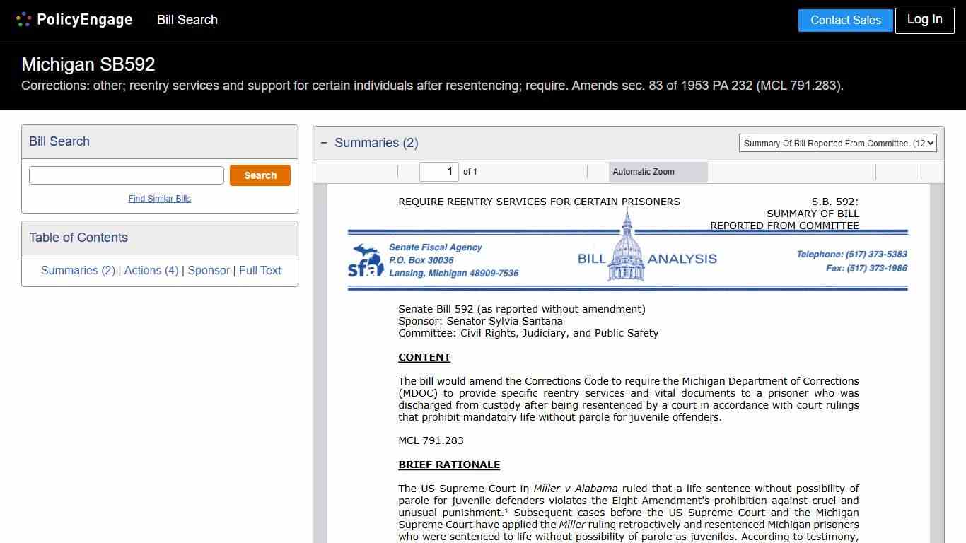 SB592 | Michigan 2025-2026 | Corrections: other; reentry services and support for certain individuals after resentencing; require. Amends sec. 83 of 1953 PA 232 (MCL 791.283). - Legislative Tracking | PolicyEngage