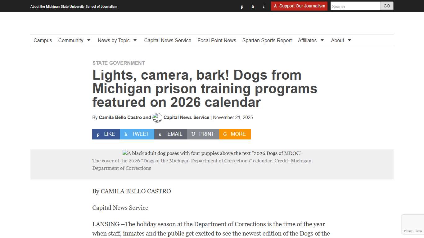 Lights, camera, bark! Dogs from Michigan prison training programs featured on 2026 calendar - Spartan Newsroom