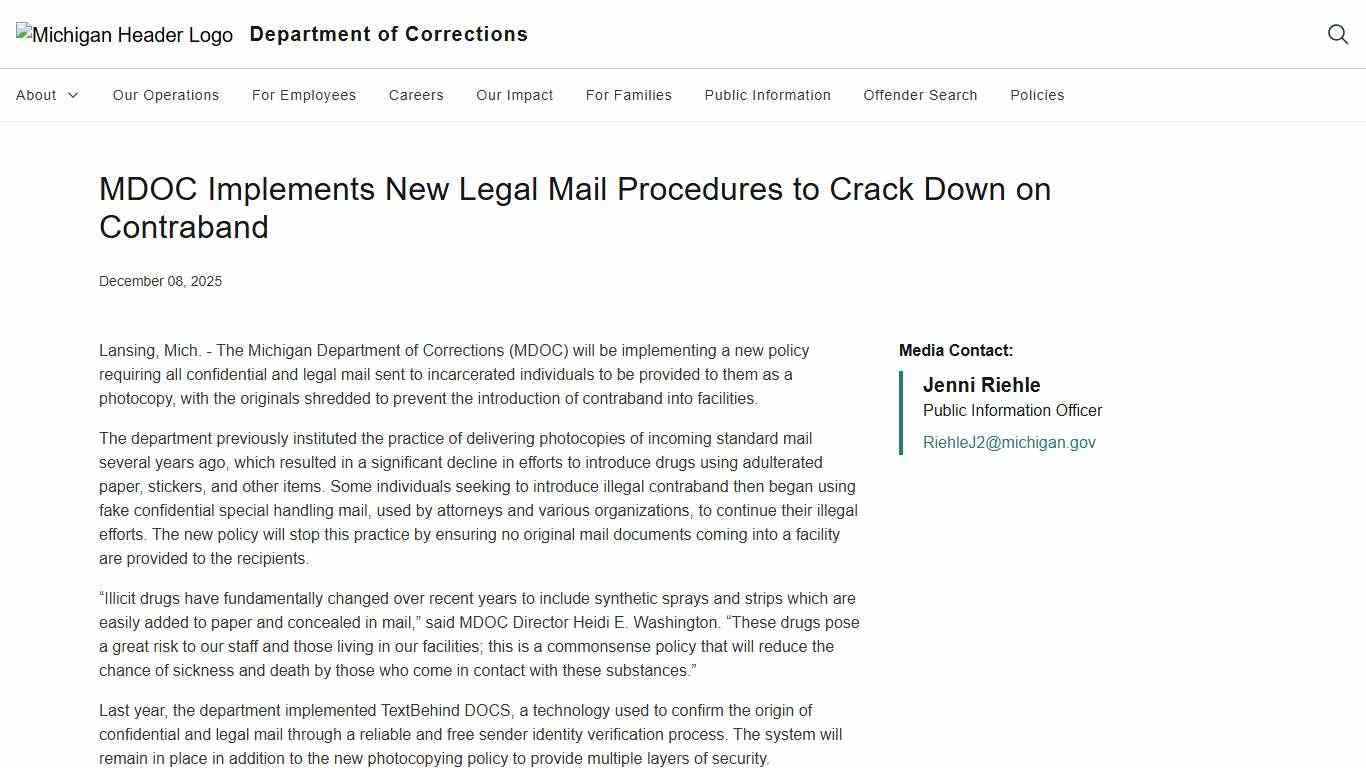 MDOC Implements New Legal Mail Procedures to Crack Down on Contraband